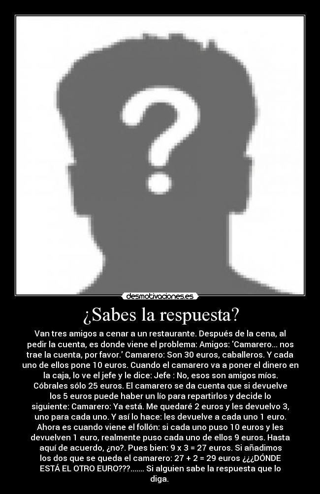 ¿Sabes la respuesta? - Van tres amigos a cenar a un restaurante. Después de la cena, al
pedir la cuenta, es donde viene el problema: Amigos: Camarero... nos
trae la cuenta, por favor. Camarero: Son 30 euros, caballeros. Y cada
uno de ellos pone 10 euros. Cuando el camarero va a poner el dinero en
la caja, lo ve el jefe y le dice: Jefe : No, esos son amigos míos.
Cóbrales sólo 25 euros. El camarero se da cuenta que si devuelve
los 5 euros puede haber un lío para repartirlos y decide lo
siguiente: Camarero: Ya está. Me quedaré 2 euros y les devuelvo 3,
uno para cada uno. Y así lo hace: les devuelve a cada uno 1 euro.
Ahora es cuando viene el follón: si cada uno puso 10 euros y les
devuelven 1 euro, realmente puso cada uno de ellos 9 euros. Hasta
aquí de acuerdo, ¿no?. Pues bien: 9 x 3 = 27 euros. Si añadimos
los dos que se queda el camarero: 27 + 2 = 29 euros ¿¿¿DÓNDE
ESTÁ EL OTRO EURO???....... Si alguien sabe la respuesta que lo
diga.