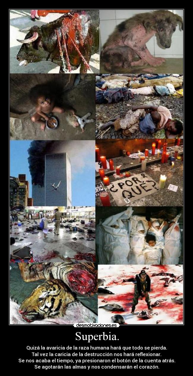 Superbia. - Quizá la avaricia de la raza humana hará que todo se pierda.
Tal vez la caricia de la destrucción nos hará reflexionar.
Se nos acaba el tiempo, ya presionaron el botón de la cuenta atrás.
Se agotarán las almas y nos condensarán el corazón.