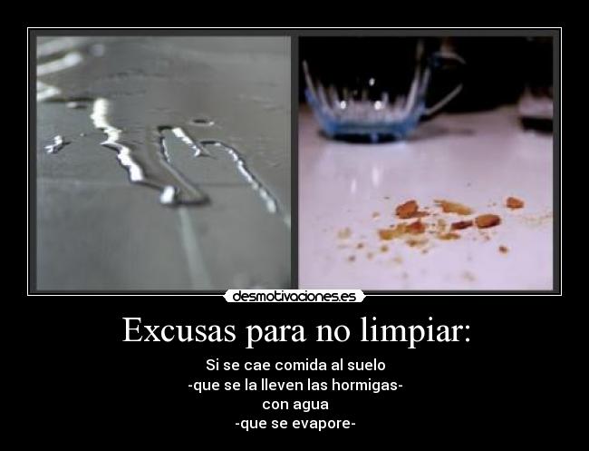 Excusas para no limpiar: - Si se cae comida al suelo
-que se la lleven las hormigas-
con agua
-que se evapore-