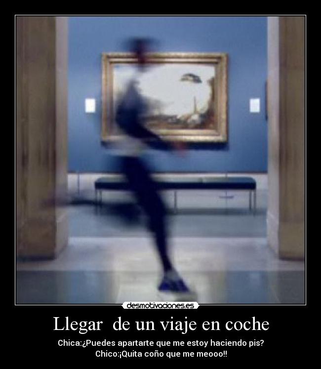 Llegar  de un viaje en coche - Chica:¿Puedes apartarte que me estoy haciendo pis?
Chico:¡Quita coño que me meooo!!