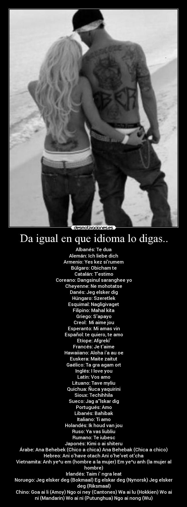 Da igual en que idioma lo digas.. - Albanés: Te dua
Alemán: Ich liebe dich
Armenio: Yes kez sirumem
Búlgaro: Obicham te
Catalán: Testimo
Coreano: Dangsinul saranghee yo
Cheyenne: Ne mohotatse
Danés: Jeg elsker dig
Húngaro: Szeretlek
Esquimal: Nagligivaget
Filipino: Mahal kita
Griego: Sapayo
Creol: Mi aime jou
Esperanto: Mi amas vin
Español: te quiero, te amo
Etíope: Afgreki
Francés: Je taime
Hawaiiano: Aloha ia au oe
Euskera: Maite zaitut
Gaélico: Ta gra agam ort
Inglés: I love you
Latín: Vos amo
Lituano: Tave myliu
Quichua: Ñuca yaquirini
Sioux: Techihhila
Sueco: Jag alskar dig
Portugués: Amo
Libanés: Bahibak
Italiano: Ti amo
Holandés: Ik houd van jou
Ruso: Ya vas liubliu
Rumano: Te iubesc
Japonés: Kimi o ai shiteru
Árabe: Ana Behebek (Chico a chica) Ana Behebak (Chica a chico)
Hebreo: Ani ohave otach Ani ohevet otcha
Vietnamita: Anh ye^u em (hombre a la mujer) Em ye^u anh (la mujer al
hombre)
Irlandés: Taim i ngra leat
Noruego: Jeg elsker deg (Bokmaal) Eg elskar deg (Nynorsk) Jeg elsker
deg (Riksmaal)
Chino: Goa ai li (Amoy) Ngo oi ney (Cantones) Wa ai lu (Hokkien) Wo ai
ni (Mandarin) Wo ai ni (Putunghua) Ngo ai nong (Wu)