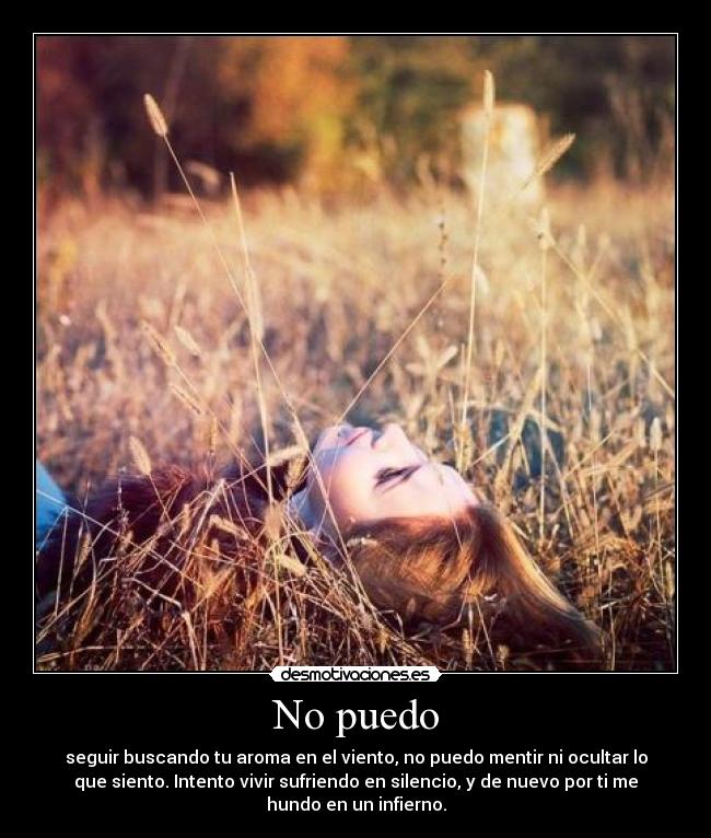 No puedo - seguir buscando tu aroma en el viento, no puedo mentir ni ocultar lo
que siento. Intento vivir sufriendo en silencio, y de nuevo por ti me
hundo en un infierno.