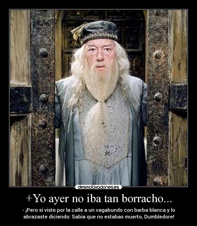 +Yo ayer no iba tan borracho... - - ¡Pero si viste por la calle a un vagabundo con barba blanca y lo
abrazaste diciendo: Sabia que no estabas muerto, Dumbledore!