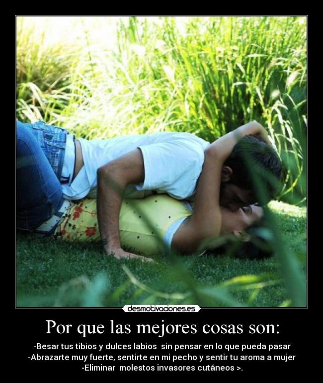 Por que las mejores cosas son: - -Besar tus tibios y dulces labios  sin pensar en lo que pueda pasar
-Abrazarte muy fuerte, sentirte en mi pecho y sentir tu aroma a mujer
-Eliminar  molestos invasores cutáneos >.