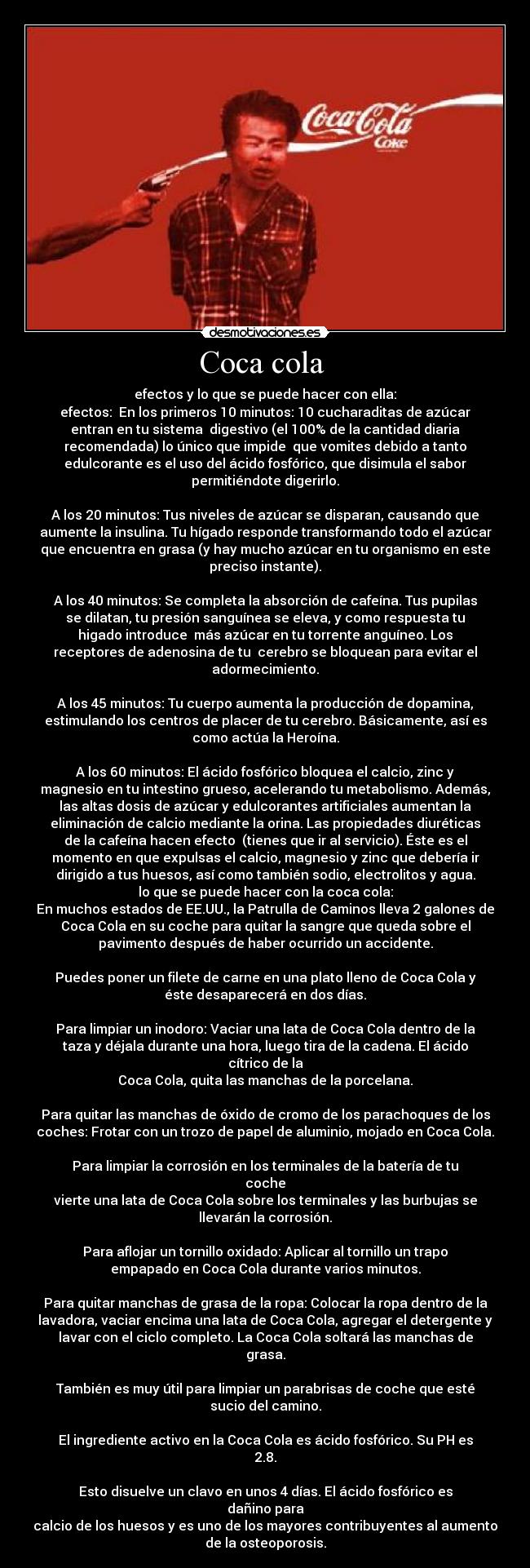 Coca cola - efectos y lo que se puede hacer con ella:
efectos: En los primeros 10 minutos: 10 cucharaditas de azúcar
entran en tu sistema digestivo (el 100% de la cantidad diaria
recomendada) lo único que impide que vomites debido a tanto
edulcorante es el uso del ácido fosfórico, que disimula el sabor
permitiéndote digerirlo.
A los 20 minutos: Tus niveles de azúcar se disparan, causando que
aumente la insulina. Tu hígado responde transformando todo el azúcar
que encuentra en grasa (y hay mucho azúcar en tu organismo en este
preciso instante).
A los 40 minutos: Se completa la absorción de cafeína. Tus pupilas
se dilatan, tu presión sanguínea se eleva, y como respuesta tu
higado introduce más azúcar en tu torrente anguíneo. Los
receptores de adenosina de tu cerebro se bloquean para evitar el
adormecimiento.
A los 45 minutos: Tu cuerpo aumenta la producción de dopamina,
estimulando los centros de placer de tu cerebro. Básicamente, así es
como actúa la Heroína.
A los 60 minutos: El ácido fosfórico bloquea el calcio, zinc y
magnesio en tu intestino grueso, acelerando tu metabolismo. Además,
las altas dosis de azúcar y edulcorantes artificiales aumentan la
eliminación de calcio mediante la orina. Las propiedades diuréticas
de la cafeína hacen efecto (tienes que ir al servicio). Éste es el
momento en que expulsas el calcio, magnesio y zinc que debería ir
dirigido a tus huesos, así como también sodio, electrolitos y agua.
lo que se puede hacer con la coca cola:
En muchos estados de EE.UU., la Patrulla de Caminos lleva 2 galones de
Coca Cola en su coche para quitar la sangre que queda sobre el
pavimento después de haber ocurrido un accidente.
Puedes poner un filete de carne en una plato lleno de Coca Cola y
éste desaparecerá en dos días.
Para limpiar un inodoro: Vaciar una lata de Coca Cola dentro de la
taza y déjala durante una hora, luego tira de la cadena. El ácido
cítrico de la
Coca Cola, quita las manchas de la porcelana.
Para quitar las manchas de óxido de cromo de los parachoques de los
coches: Frotar con un trozo de papel de aluminio, mojado en Coca Cola.
Para limpiar la corrosión en los terminales de la batería de tu
coche
vierte una lata de Coca Cola sobre los terminales y las burbujas se
llevarán la corrosión.
Para aflojar un tornillo oxidado: Aplicar al tornillo un trapo
empapado en Coca Cola durante varios minutos.
Para quitar manchas de grasa de la ropa: Colocar la ropa dentro de la
lavadora, vaciar encima una lata de Coca Cola, agregar el detergente y
lavar con el ciclo completo. La Coca Cola soltará las manchas de
grasa.
También es muy útil para limpiar un parabrisas de coche que esté
sucio del camino.
El ingrediente activo en la Coca Cola es ácido fosfórico. Su PH es
2.8.
Esto disuelve un clavo en unos 4 días. El ácido fosfórico es
dañino para
calcio de los huesos y es uno de los mayores contribuyentes al aumento
de la osteoporosis.