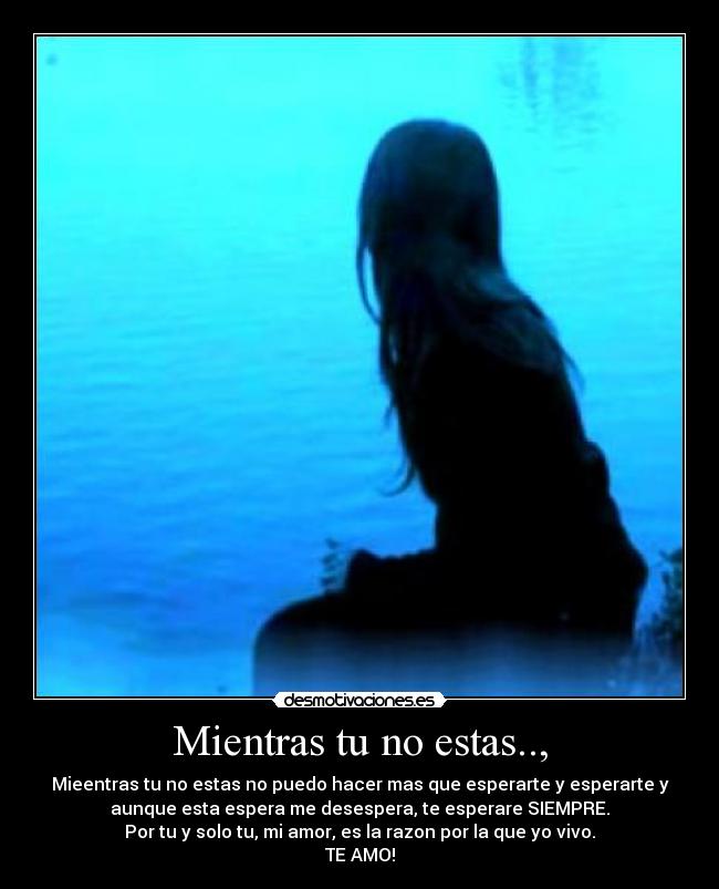 Mientras tu no estas.., - Mieentras tu no estas no puedo hacer mas que esperarte y esperarte y
aunque esta espera me desespera, te esperare SIEMPRE.
Por tu y solo tu, mi amor, es la razon por la que yo vivo.
TE AMO!