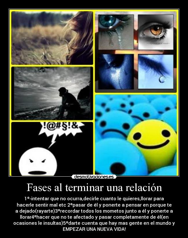 Fases al terminar una relación - 1º-intentar que no ocurra,decirle cuanto le quieres,llorar para
hacerle sentir mal etc 2ºpasar de él y ponerte a pensar en porque te
a dejado(rayarte)3ºrecordar todos los mometos junto a él y ponerte a
llorar4ºhacer que no te afectado y pasar completamente de él(en
ocasiones le insultas)5ºdarte cuenta que hay mas gente en el mundo y
EMPEZAR UNA NUEVA VIDA!