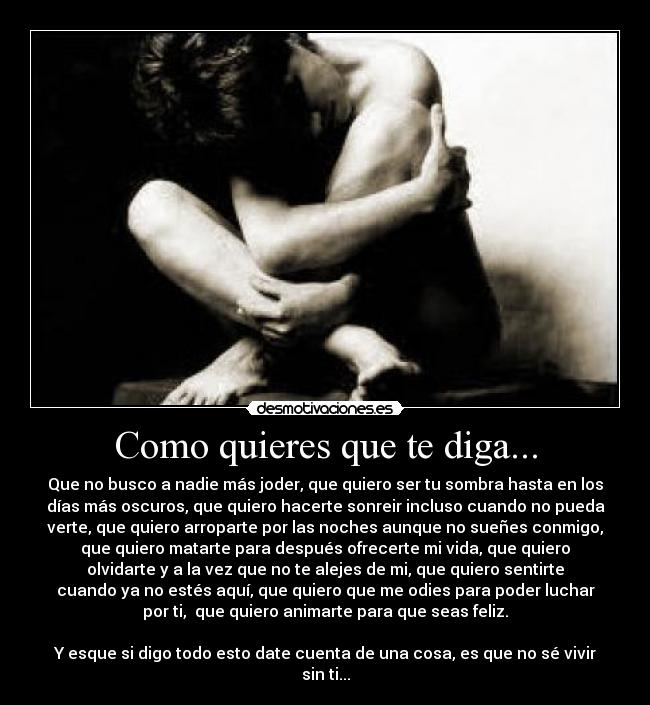 Como quieres que te diga... - Que no busco a nadie más joder, que quiero ser tu sombra hasta en los
días más oscuros, que quiero hacerte sonreir incluso cuando no pueda
verte, que quiero arroparte por las noches aunque no sueñes conmigo,
que quiero matarte para después ofrecerte mi vida, que quiero
olvidarte y a la vez que no te alejes de mi, que quiero sentirte
cuando ya no estés aquí, que quiero que me odies para poder luchar
por ti,  que quiero animarte para que seas feliz.

Y esque si digo todo esto date cuenta de una cosa, es que no sé vivir
sin ti...