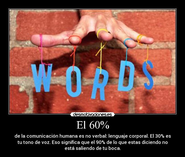 El 60% - de la comunicación humana es no verbal: lenguaje corporal. El 30% es
tu tono de voz. Eso significa que el 90% de lo que estas diciendo no
está saliendo de tu boca.