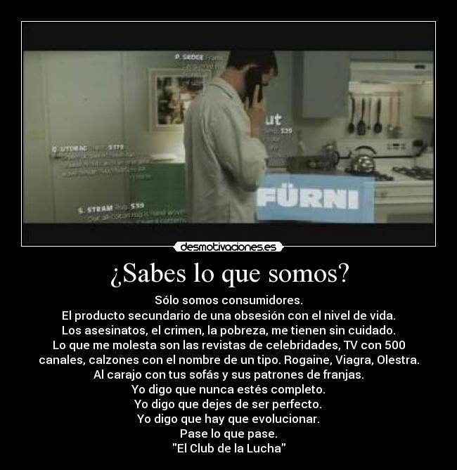 ¿Sabes lo que somos? - Sólo somos consumidores.	
El producto secundario de una obsesión con el nivel de vida.	
Los asesinatos, el crimen, la pobreza, me tienen sin cuidado.	
Lo que me molesta son las revistas de celebridades, TV con 500
canales, calzones con el nombre de un tipo. Rogaine, Viagra, Olestra.	
Al carajo con tus sofás y sus patrones de franjas.	
Yo digo que nunca estés completo.	
Yo digo que dejes de ser perfecto.	
Yo digo que hay que evolucionar.	
Pase lo que pase.	
El Club de la Lucha