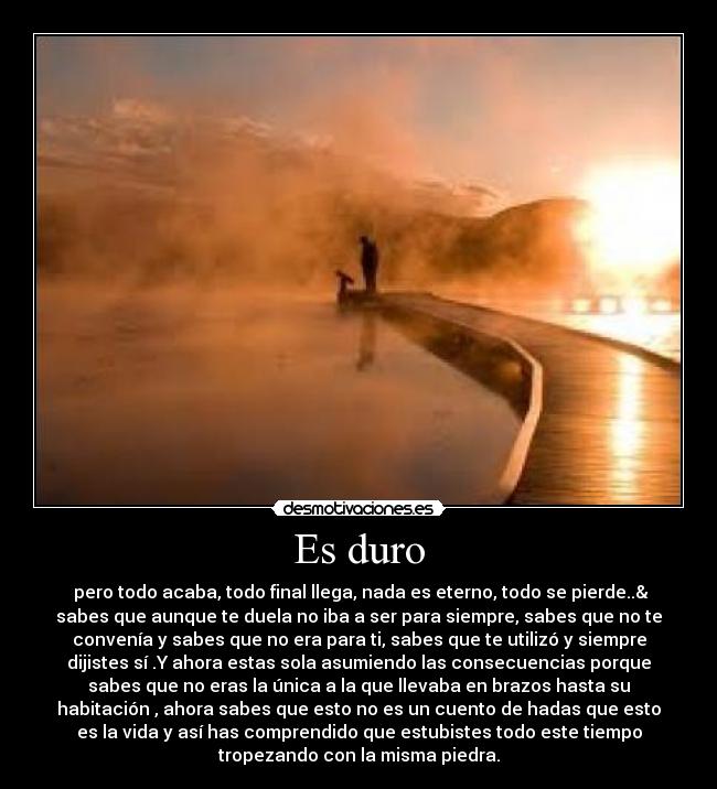 Es duro - pero todo acaba, todo final llega, nada es eterno, todo se pierde..&
sabes que aunque te duela no iba a ser para siempre, sabes que no te
convenía y sabes que no era para ti, sabes que te utilizó y siempre
dijistes sí .Y ahora estas sola asumiendo las consecuencias porque
sabes que no eras la única a la que llevaba en brazos hasta su
habitación , ahora sabes que esto no es un cuento de hadas que esto
es la vida y así has comprendido que estubistes todo este tiempo
tropezando con la misma piedra.