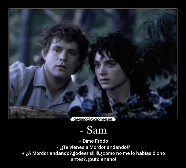- Sam - + Dime Frodo
- ¿¡Te vienes a Mordor andando!?
+ ¿A Mordor andando?,¡jodeer siiiii!,¿cómo no me lo habías dicho
antes?, ¡puto enano!