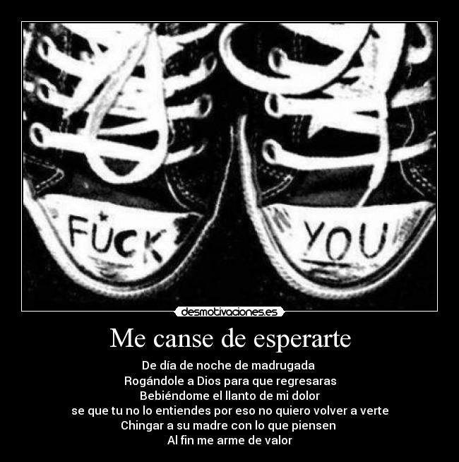 Me canse de esperarte - De día de noche de madrugada
Rogándole a Dios para que regresaras
Bebiéndome el llanto de mi dolor
se que tu no lo entiendes por eso no quiero volver a verte
Chingar a su madre con lo que piensen
Al fin me arme de valor