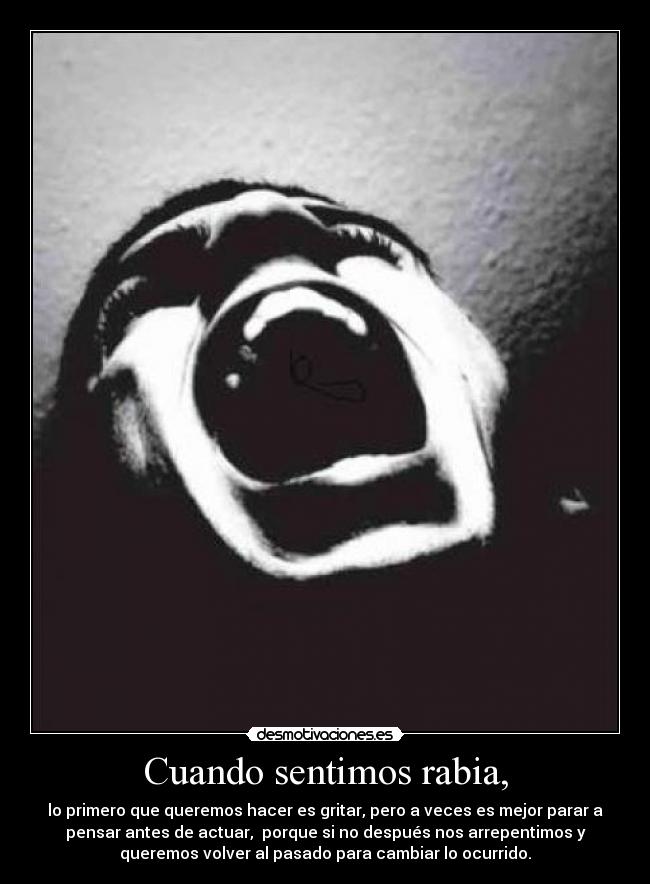 Cuando sentimos rabia, - lo primero que queremos hacer es gritar, pero a veces es mejor parar a
pensar antes de actuar, porque si no después nos arrepentimos y
queremos volver al pasado para cambiar lo ocurrido.