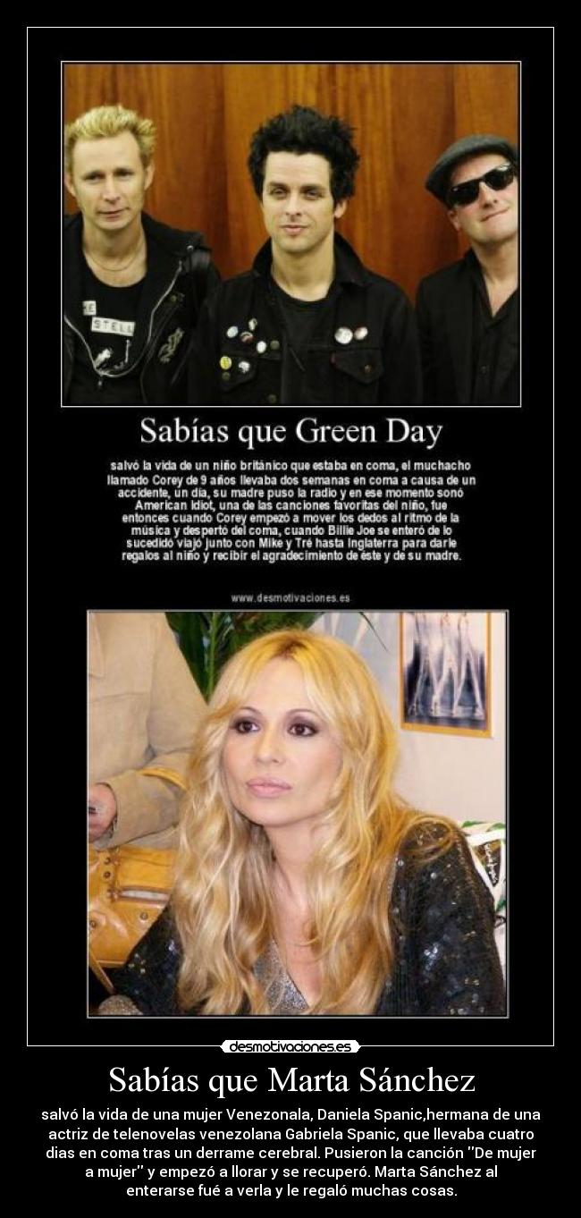 Sabías que Marta Sánchez - salvó la vida de una mujer Venezonala, Daniela Spanic,hermana de una
actriz de telenovelas venezolana Gabriela Spanic, que llevaba cuatro
dias en coma tras un derrame cerebral. Pusieron la canción De mujer
a mujer y empezó a llorar y se recuperó. Marta Sánchez al
enterarse fué a verla y le regaló muchas cosas.