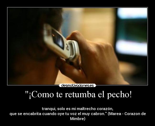 ¡Como te retumba el pecho! - 
tranqui, solo es mi maltrecho corazón,
que se encabrita cuando oye tu voz el muy cabron. (Marea - Corazon de Mimbre)