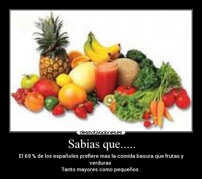 Sabias que..... - El 69 % de los españoles prefiere mas la comida basura que frutas y verduras 
Tanto mayores como pequeños .