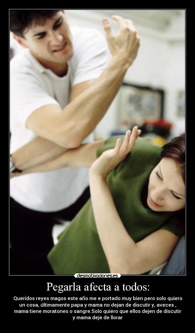 Pegarla afecta a todos: - Queridos reyes magos este año me e portado muy bien pero solo quiero
un cosa, últimamente papa y mama no dejan de discutir y, aveces ,
mama tiene moratones o sangre.Solo quiero que ellos dejen de discutir
y mama deje de llorar
