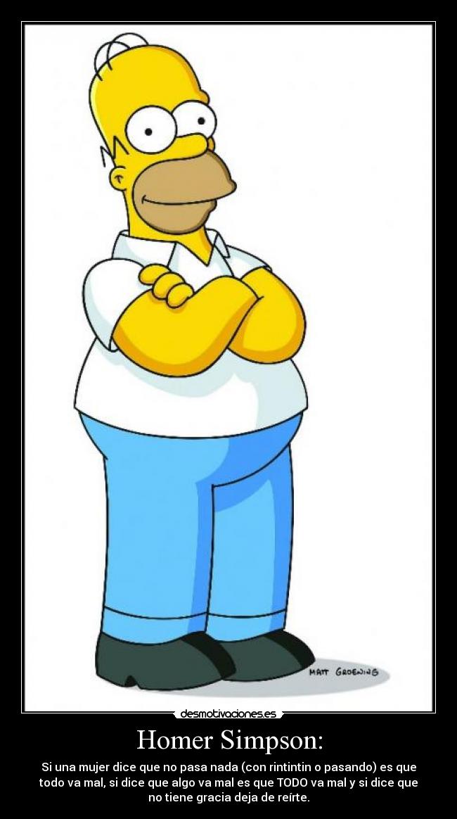 Homer Simpson: - Si una mujer dice que no pasa nada (con rintintin o pasando) es que
todo va mal, si dice que algo va mal es que TODO va mal y si dice que
no tiene gracia deja de reírte.