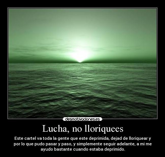 Lucha, no lloriquees - Este cartel va toda la gente que este deprimida, dejad de lloriquear y
por lo que pudo pasar y paso, y simplemente seguir adelante, a mi me
ayudo bastante cuando estaba deprimido.