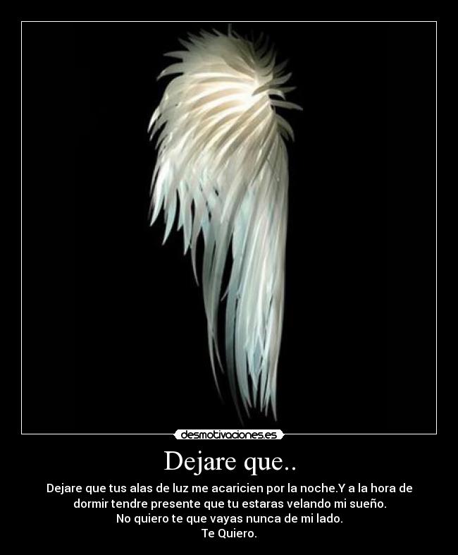 Dejare que.. - Dejare que tus alas de luz me acaricien por la noche.Y a la hora de
dormir tendre presente que tu estaras velando mi sueño.
No quiero te que vayas nunca de mi lado.
Te Quiero.