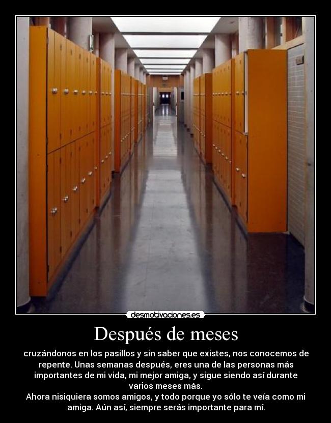 Después de meses - cruzándonos en los pasillos y sin saber que existes, nos conocemos de
repente. Unas semanas después, eres una de las personas más
importantes de mi vida, mi mejor amiga, y sigue siendo así durante
varios meses más.
Ahora nisiquiera somos amigos, y todo porque yo sólo te veía como mi
amiga. Aún así, siempre serás importante para mí.