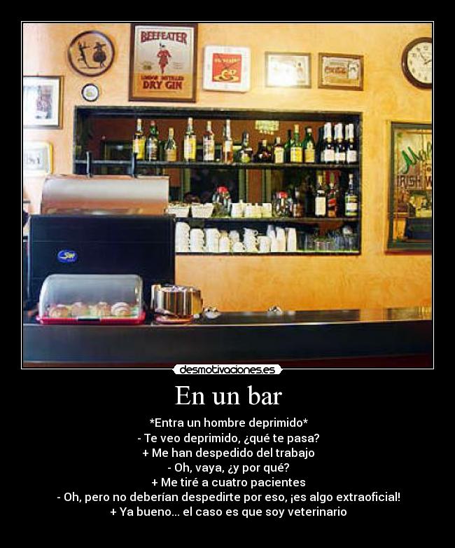 En un bar -  *Entra un hombre deprimido*
- Te veo deprimido, ¿qué te pasa?
+ Me han despedido del trabajo
- Oh, vaya, ¿y por qué?
+ Me tiré a cuatro pacientes
- Oh, pero no deberían despedirte por eso, ¡es algo extraoficial!
+ Ya bueno... el caso es que soy veterinario
