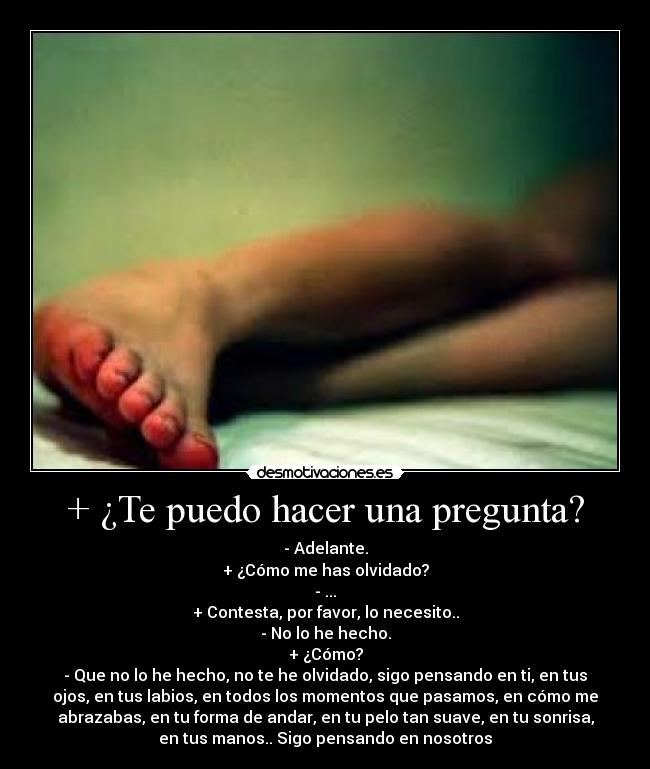 + ¿Te puedo hacer una pregunta? - - Adelante.
+ ¿Cómo me has olvidado?
- ...
+ Contesta, por favor, lo necesito..
- No lo he hecho.
+ ¿Cómo?
- Que no lo he hecho, no te he olvidado, sigo pensando en ti, en tus
ojos, en tus labios, en todos los momentos que pasamos, en cómo me
abrazabas, en tu forma de andar, en tu pelo tan suave, en tu sonrisa,
en tus manos.. Sigo pensando en nosotros