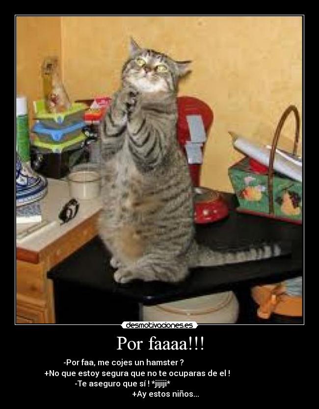 Por faaaa!!! - -Por faa, me cojes un hamster ?
+No que estoy segura que no te ocuparas de el !
-Te aseguro que sí ! *jijiji*
+Ay estos niños...