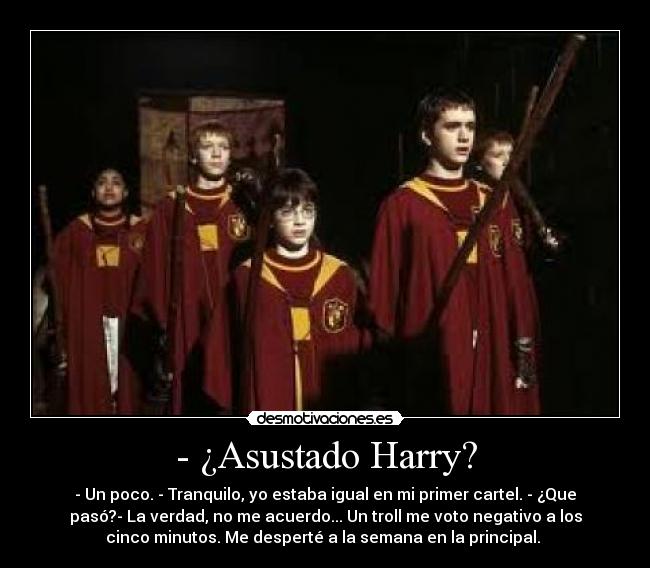 - ¿Asustado Harry? - - Un poco. - Tranquilo, yo estaba igual en mi primer cartel. - ¿Que
pasó?- La verdad, no me acuerdo... Un troll me voto negativo a los
cinco minutos. Me desperté a la semana en la principal. 