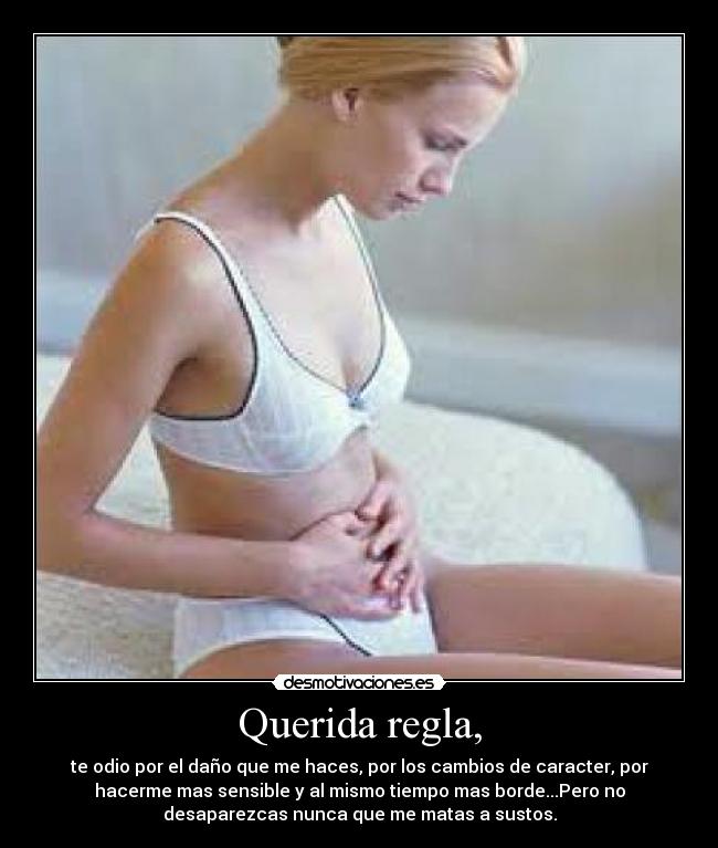 Querida regla, - te odio por el daño que me haces, por los cambios de caracter, por
hacerme mas sensible y al mismo tiempo mas borde...Pero no
desaparezcas nunca que me matas a sustos.