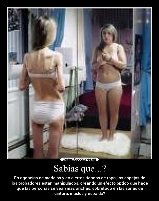 Sabias que...? - En agencias de modelos y en ciertas tiendas de ropa, los espejos de
los probadores estan manipulados, creando un efecto óptico que hace
que las personas se vean más anchas, sobretodo en las zonas de
cintura, muslos y espalda?