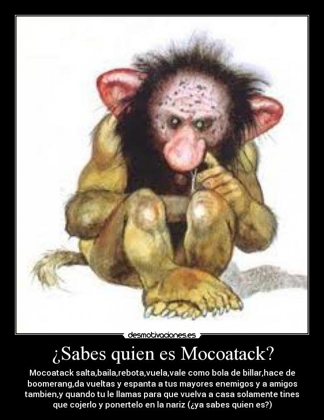 ¿Sabes quien es Mocoatack? - Mocoatack salta,baila,rebota,vuela,vale como bola de billar,hace de
boomerang,da vueltas y espanta a tus mayores enemigos y a amigos
tambien,y quando tu le llamas para que vuelva a casa solamente tines
que cojerlo y ponertelo en la nariz (¿ya sabes quien es?)