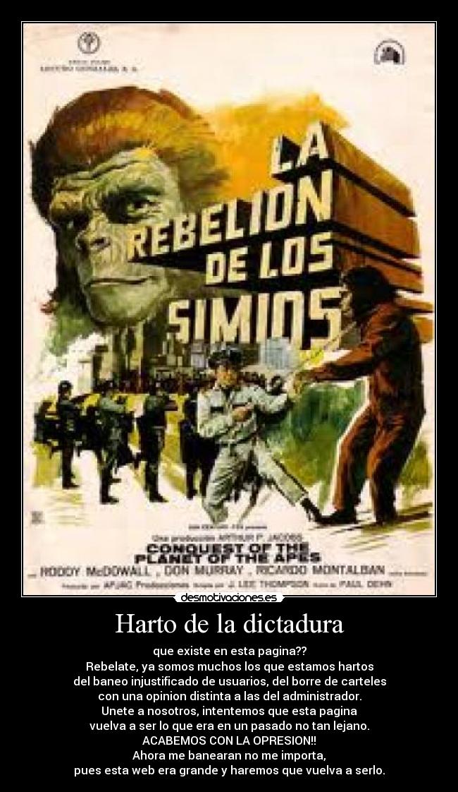 Harto de la dictadura - que existe en esta pagina??
Rebelate, ya somos muchos los que estamos hartos
del baneo injustificado de usuarios, del borre de carteles
con una opinion distinta a las del administrador.
Unete a nosotros, intentemos que esta pagina
vuelva a ser lo que era en un pasado no tan lejano.
ACABEMOS CON LA OPRESION!!
Ahora me banearan no me importa,
pues esta web era grande y haremos que vuelva a serlo.