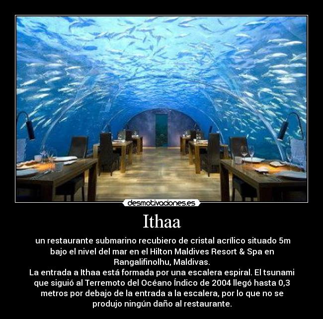 Ithaa -  un restaurante submarino recubiero de cristal acrílico situado 5m
bajo el nivel del mar en el Hilton Maldives Resort & Spa en
Rangalifinolhu, Maldivas.
La entrada a Ithaa está formada por una escalera espiral. El tsunami
que siguió al Terremoto del Océano Índico de 2004 llegó hasta 0,3
metros por debajo de la entrada a la escalera, por lo que no se
produjo ningún daño al restaurante.