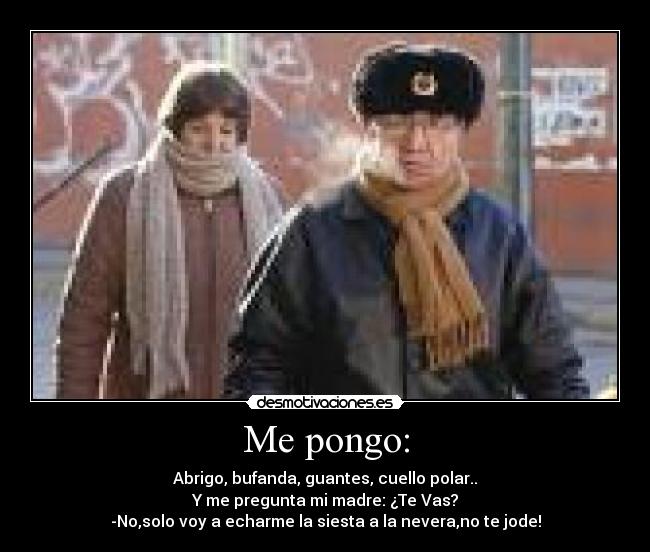 Me pongo: - Abrigo, bufanda, guantes, cuello polar..
Y me pregunta mi madre: ¿Te Vas?
-No,solo voy a echarme la siesta a la nevera,no te jode!