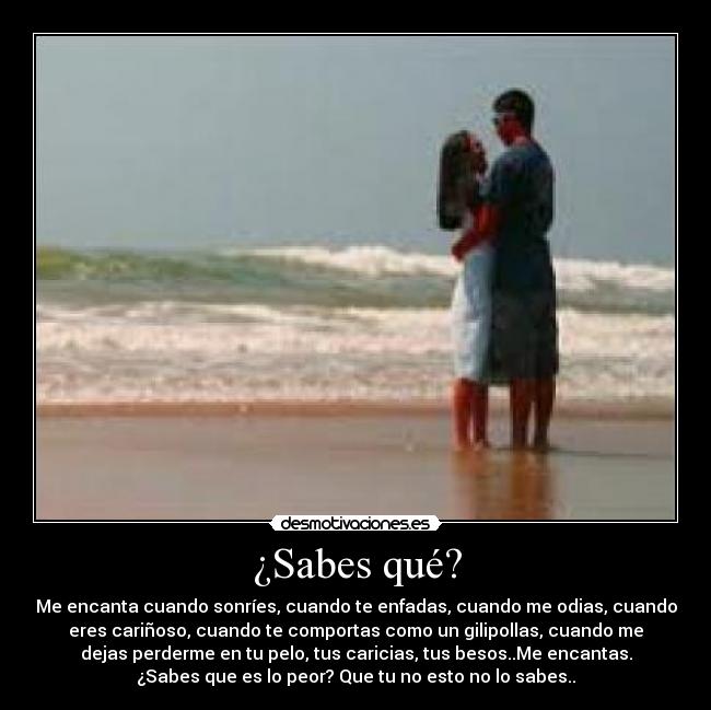 ¿Sabes qué? - Me encanta cuando sonríes, cuando te enfadas, cuando me odias, cuando
eres cariñoso, cuando te comportas como un gilipollas, cuando me
dejas perderme en tu pelo, tus caricias, tus besos..Me encantas.
¿Sabes que es lo peor? Que tu no esto no lo sabes..