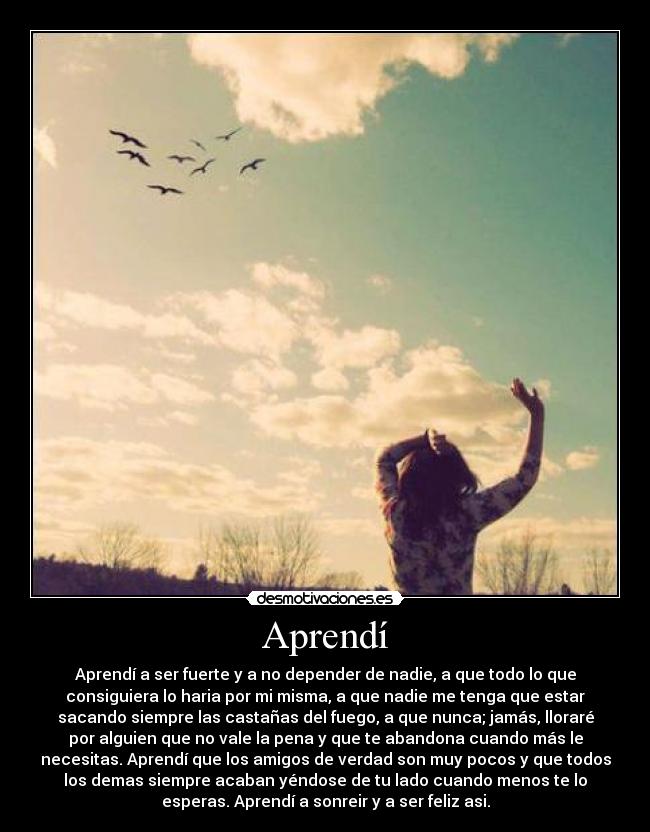 Aprendí - Aprendí a ser fuerte y a no depender de nadie, a que todo lo que
consiguiera lo haria por mi misma, a que nadie me tenga que estar
sacando siempre las castañas del fuego, a que nunca; jamás, lloraré
por alguien que no vale la pena y que te abandona cuando más le
necesitas. Aprendí que los amigos de verdad son muy pocos y que todos
los demas siempre acaban yéndose de tu lado cuando menos te lo
esperas. Aprendí a sonreir y a ser feliz asi.