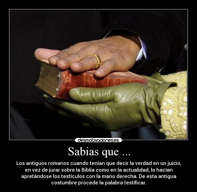 Sabias que ... - Los antiguos romanos cuando tenían que decir la verdad en un juicio,
en vez de jurar sobre la Biblia como en la actualidad, lo hacían
apretándose los testículos con la mano derecha. De esta antigua
costumbre procede la palabra testificar.