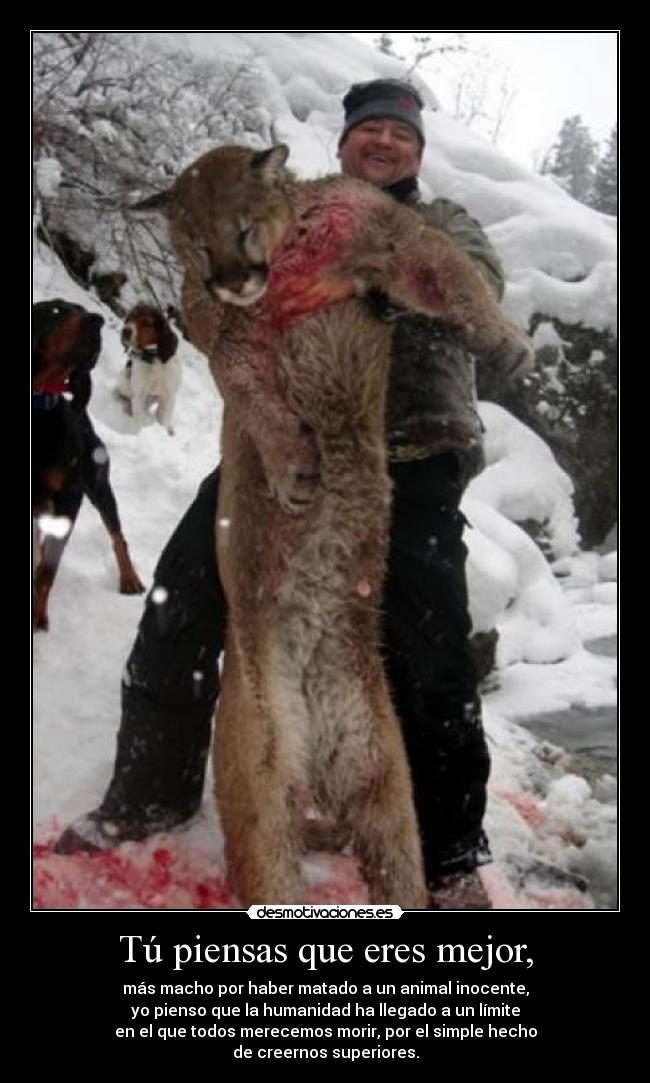 Tú piensas que eres mejor, - más macho por haber matado a un animal inocente,
yo pienso que la humanidad ha llegado a un límite
en el que todos merecemos morir, por el simple hecho
de creernos superiores.