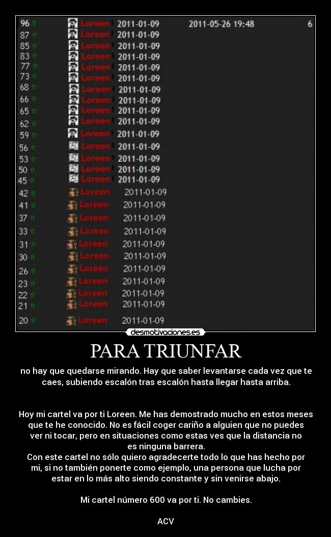 PARA TRIUNFAR - no hay que quedarse mirando. Hay que saber levantarse cada vez que te
caes, subiendo escalón tras escalón hasta llegar hasta arriba.


Hoy mi cartel va por ti Loreen. Me has demostrado mucho en estos meses
que te he conocido. No es fácil coger cariño a alguien que no puedes
ver ni tocar, pero en situaciones como estas ves que la distancia no
es ninguna barrera.
Con este cartel no sólo quiero agradecerte todo lo que has hecho por
mi, si no también ponerte como ejemplo, una persona que lucha por
estar en lo más alto siendo constante y sin venirse abajo.

Mi cartel número 600 va por ti. No cambies.

ACV