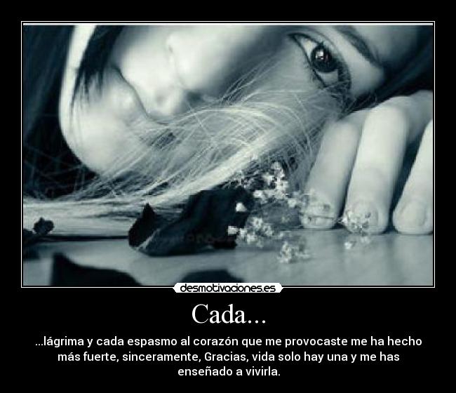 Cada... - ...lágrima y cada espasmo al corazón que me provocaste me ha hecho
más fuerte, sinceramente, Gracias, vida solo hay una y me has
enseñado a vivirla.