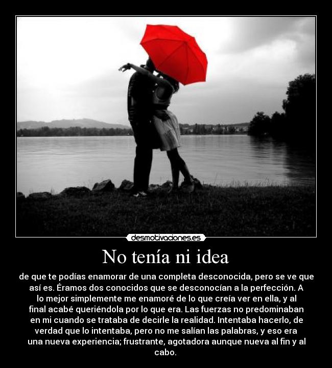 No tenía ni idea - de que te podías enamorar de una completa desconocida, pero se ve que
así es. Éramos dos conocidos que se desconocían a la perfección. A
lo mejor simplemente me enamoré de lo que creía ver en ella, y al
final acabé queriéndola por lo que era. Las fuerzas no predominaban
en mi cuando se trataba de decirle la realidad. Intentaba hacerlo, de
verdad que lo intentaba, pero no me salían las palabras, y eso era
una nueva experiencia; frustrante, agotadora aunque nueva al fin y al
cabo.