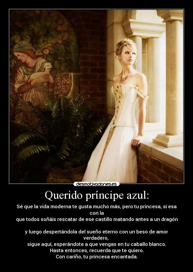 Querido príncipe azul: - Sé que la vida moderna te gusta mucho más, pero tu princesa, sí esa con la
que todos soñáis rescatar de ese castillo matando antes a un dragón
y luego despertándola del sueño eterno con un beso de amor verdadero,
sigue aquí, esperándote a que vengas en tu caballo blanco.
Hasta entonces, recuerda que te quiero.
Con cariño, tu princesa encantada.