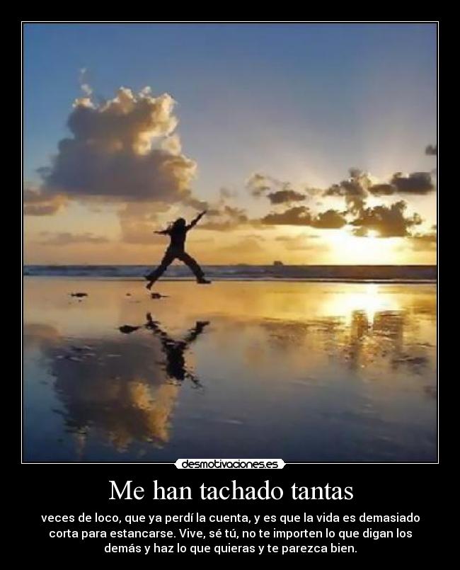 Me han tachado tantas - veces de loco, que ya perdí la cuenta, y es que la vida es demasiado
corta para estancarse. Vive, sé tú, no te importen lo que digan los
demás y haz lo que quieras y te parezca bien.