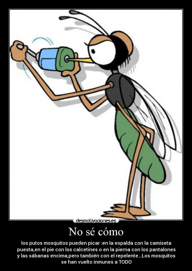 No sé cómo - los putos mosquitos pueden picar :en la espalda con la camiseta
puesta,en el pie con los calcetines o en la pierna con los pantalones
y las sábanas encima,pero también con el repelente...Los mosquitos
se han vuelto inmunes a TODO