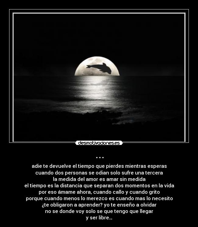 ... - adie te devuelve el tiempo que pierdes mientras esperas
cuando dos personas se odian solo sufre una tercera
la medida del amor es amar sin medida
el tiempo es la distancia que separan dos momentos en la vida
por eso ámame ahora, cuando callo y cuando grito
porque cuando menos lo merezco es cuando mas lo necesito
¿te obligaron a aprender? yo te enseño a olvidar
no se donde voy solo se que tengo que llegar
y ser libre…