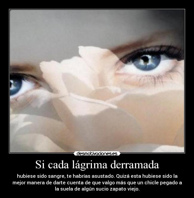 Si cada lágrima derramada - hubiese sido sangre, te habrías asustado. Quizá esta hubiese sido la
mejor manera de darte cuenta de que valgo más que un chicle pegado a
la suela de algún sucio zapato viejo.