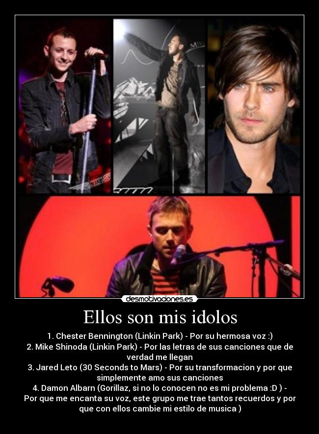 Ellos son mis idolos - 1. Chester Bennington (Linkin Park) - Por su hermosa voz :)
2. Mike Shinoda (Linkin Park) - Por las letras de sus canciones que de
verdad me llegan
3. Jared Leto (30 Seconds to Mars) - Por su transformacion y por que
simplemente amo sus canciones
4. Damon Albarn (Gorillaz, si no lo conocen no es mi problema :D ) -
Por que me encanta su voz, este grupo me trae tantos recuerdos y por
que con ellos cambie mi estilo de musica )