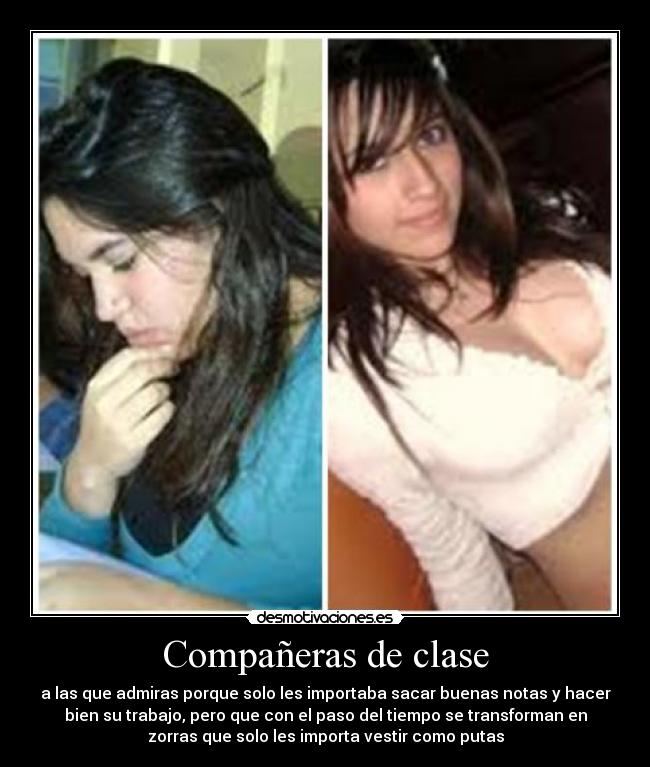 Compañeras de clase - a las que admiras porque solo les importaba sacar buenas notas y hacer
bien su trabajo, pero que con el paso del tiempo se transforman en
zorras que solo les importa vestir como putas